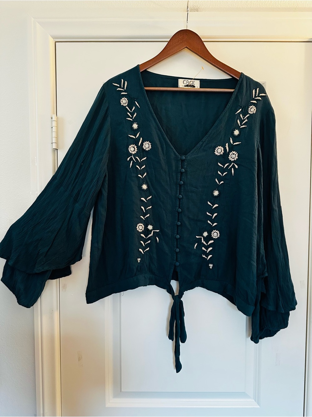 Dark Teal Floral Embroidered Bell Sleeve Blouse Boho Size Large